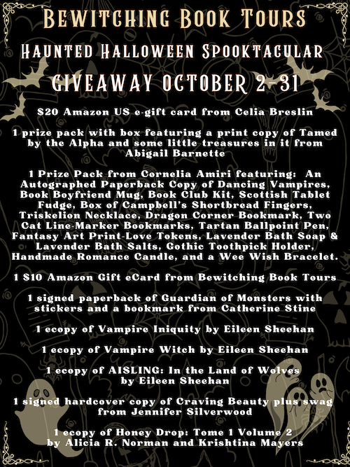 Bewitching Book Tours Haunted Halloween Spooktacular 2023 List of Giveaway Prizes from all authors. Enter Rafflecopter for a chance to win.