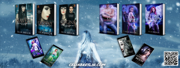 winter landscape with Celia Breslin book covers